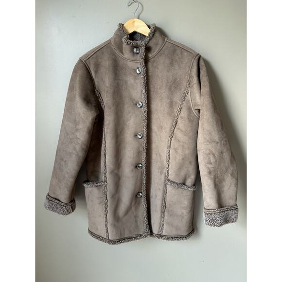 LL Bean Fleece Sherpa Lined Faux Suede Button Jacket Womens L Brown - Picture 1 of 8